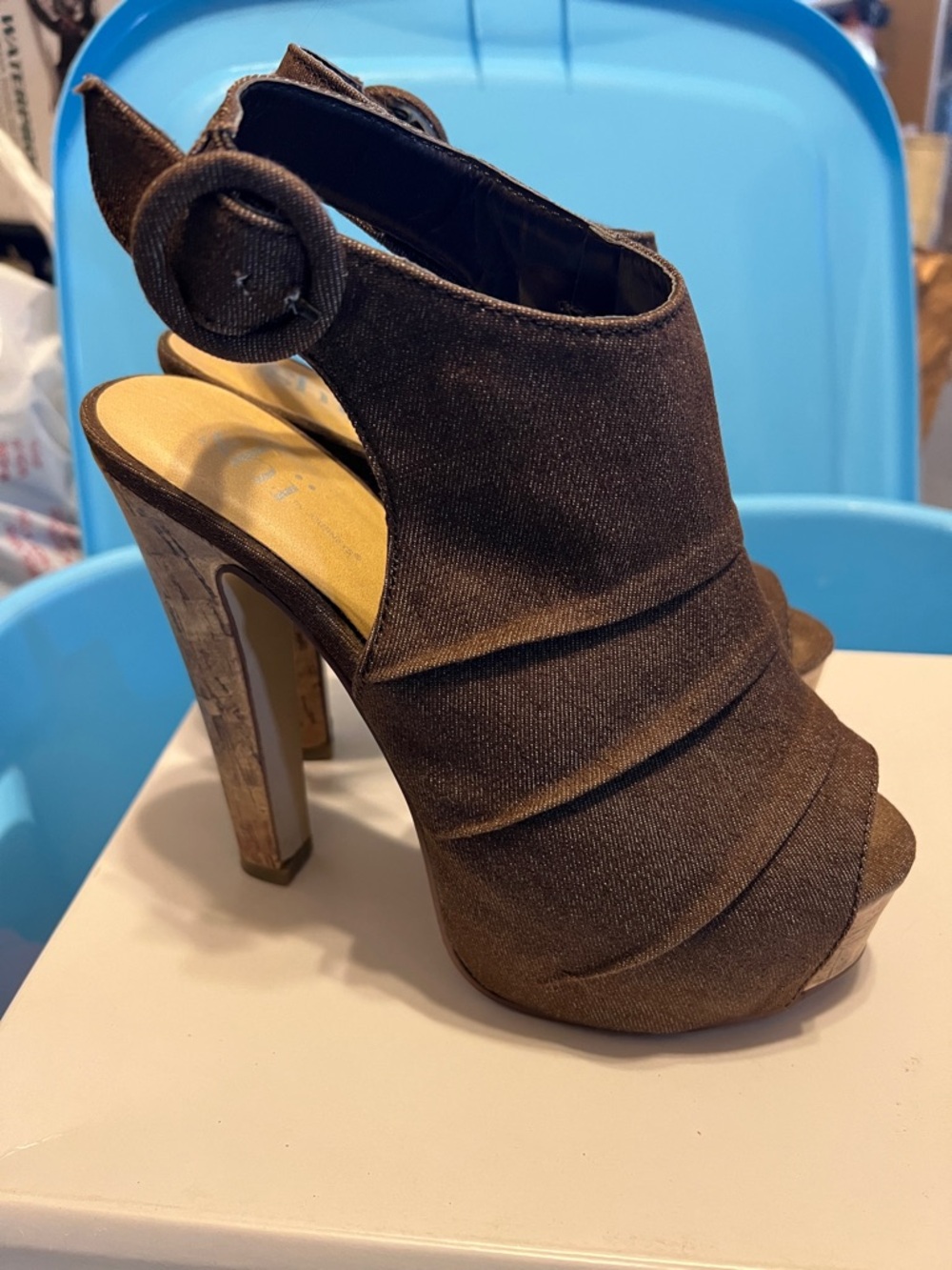 “Shi by Journeys” Brown Peep-Toe High Wedge Heel
